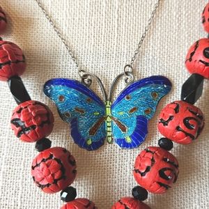 Vintage Sterling Silver Polychrome Enamel?? Butterfly Necklace